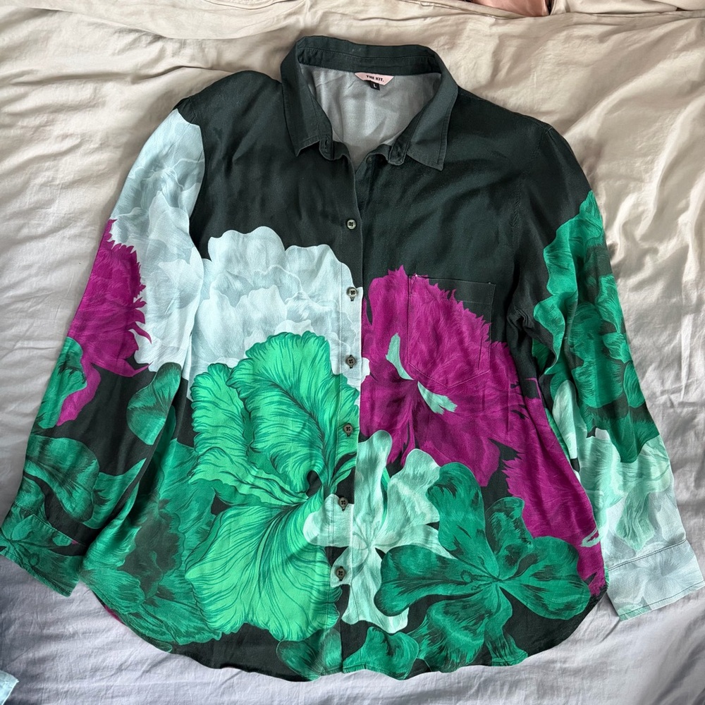 THE KIT Zoe Oversized Floral Abstract Button Down Shirt L Coastal Grandmother